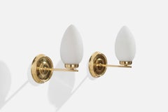 Swedish Designer, Wall Lights, Brass, Glass, Sweden, 1970s