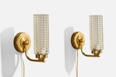 Swedish Designer, Wall Lights, Brass, Glass, Sweden, 1970s
