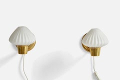 Swedish Designer, Wall Lights, Brass, Glass, Sweden, 1970s
