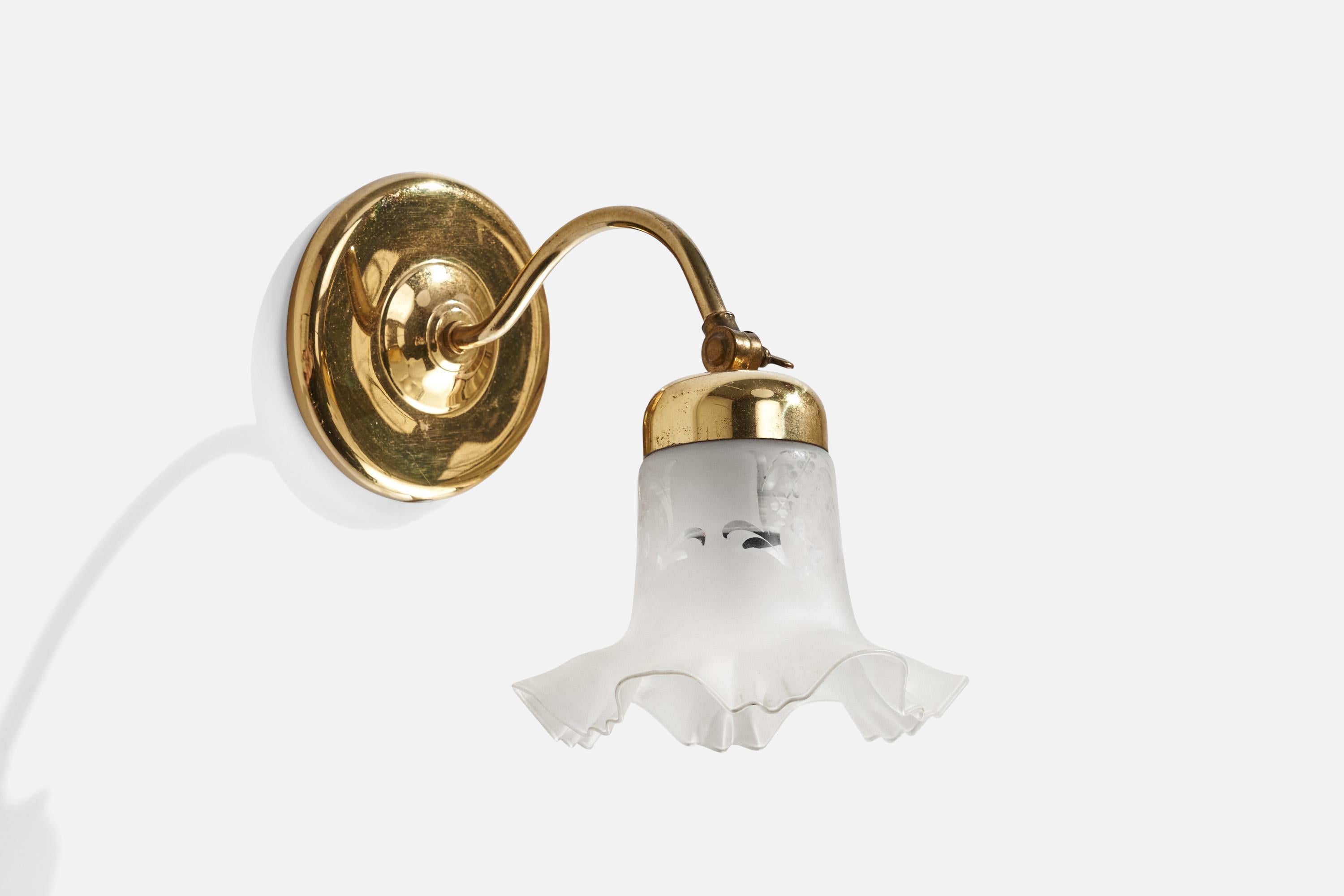 Late 20th Century Swedish Designer, Wall Lights, Brass, Glass, Sweden, 1970s For Sale