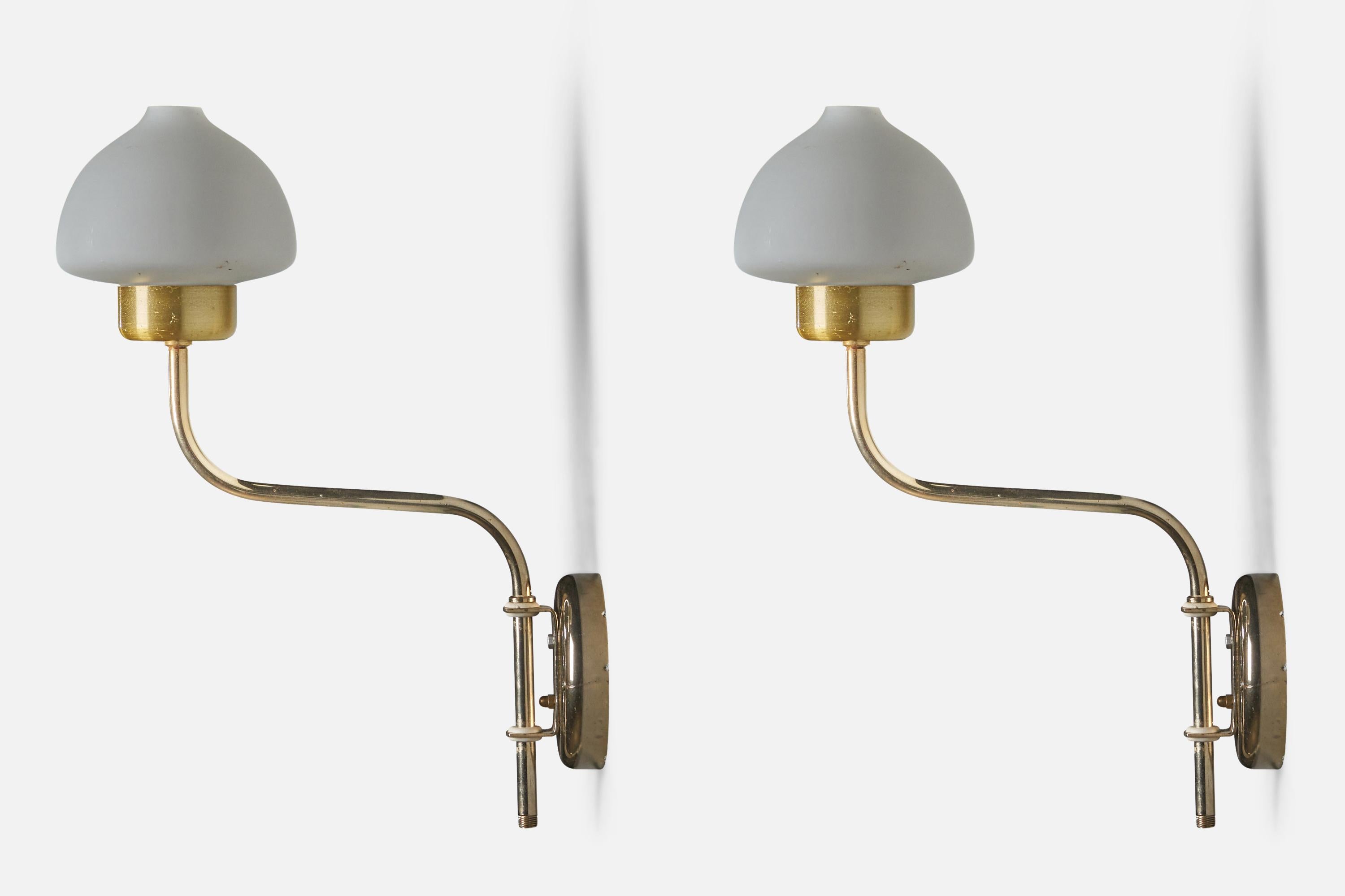 Late 20th Century Swedish Designer, Wall Lights, Brass, Glass, Sweden, 1970s For Sale