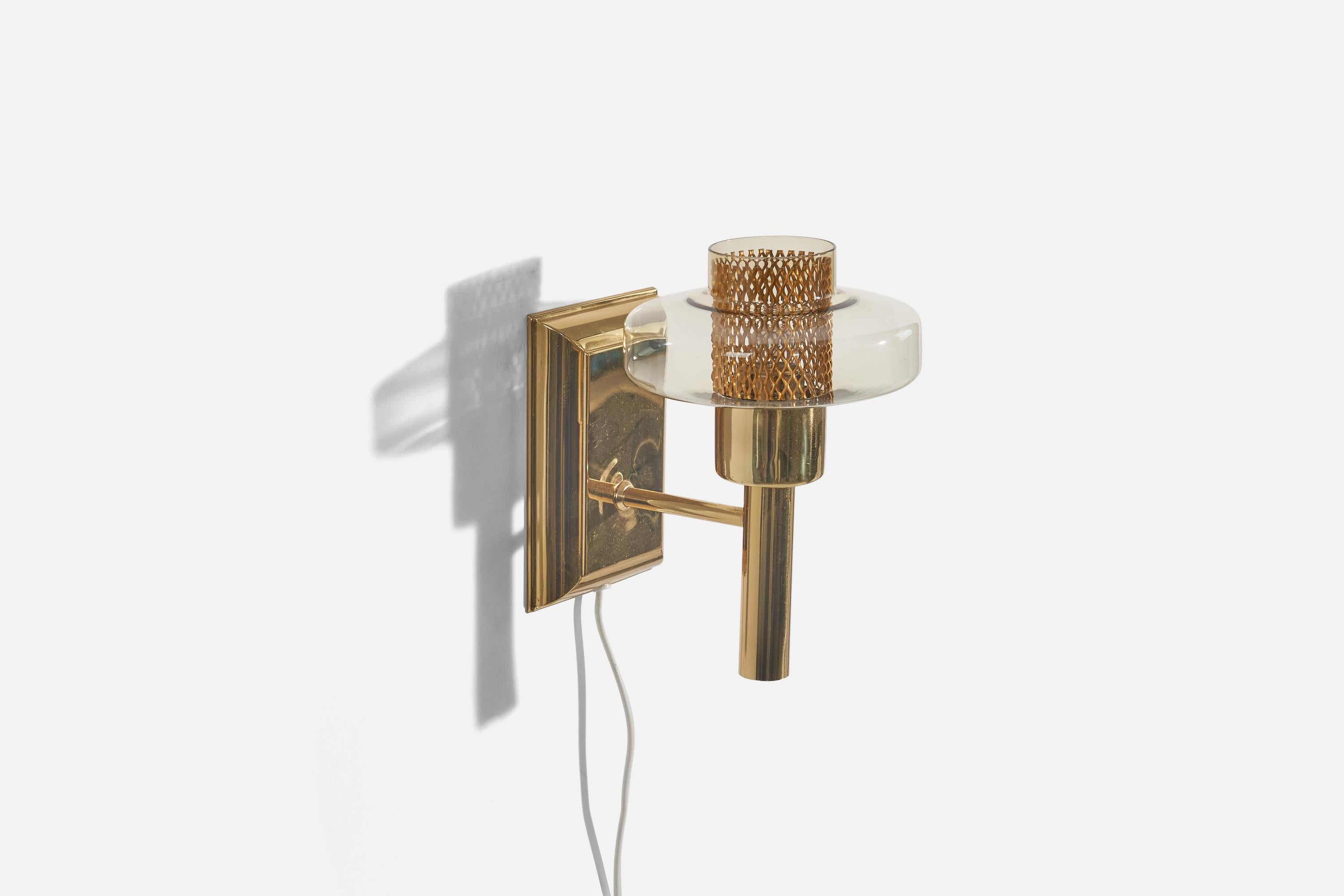 Late 20th Century Swedish Designer, Wall Lights, Brass, Glass, Sweden, c. 1970s For Sale