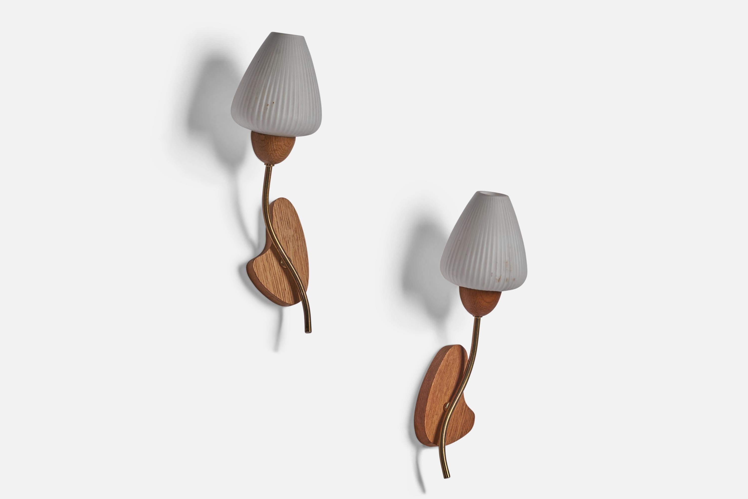 Swedish Designer, Wall Lights, Brass, Glass, Teak, Sweden, 1950s In Good Condition For Sale In High Point, NC