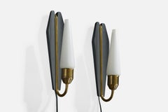 Swedish Designer, Wall Lights, Brass, Glass, Wood, Sweden, 1950s