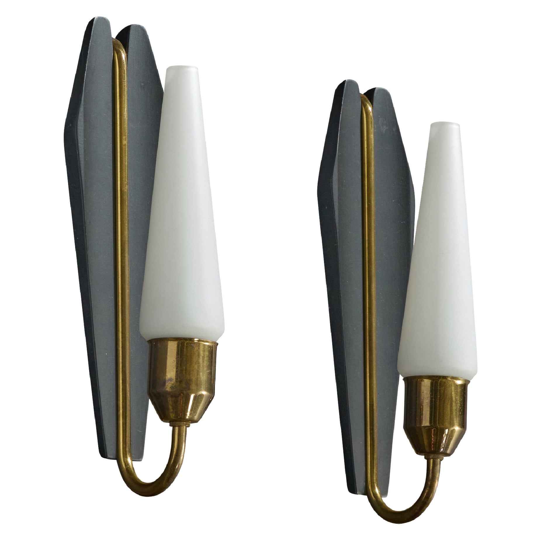 Swedish Designer, Wall Lights, Brass, Glass, Wood, Sweden, 1950s