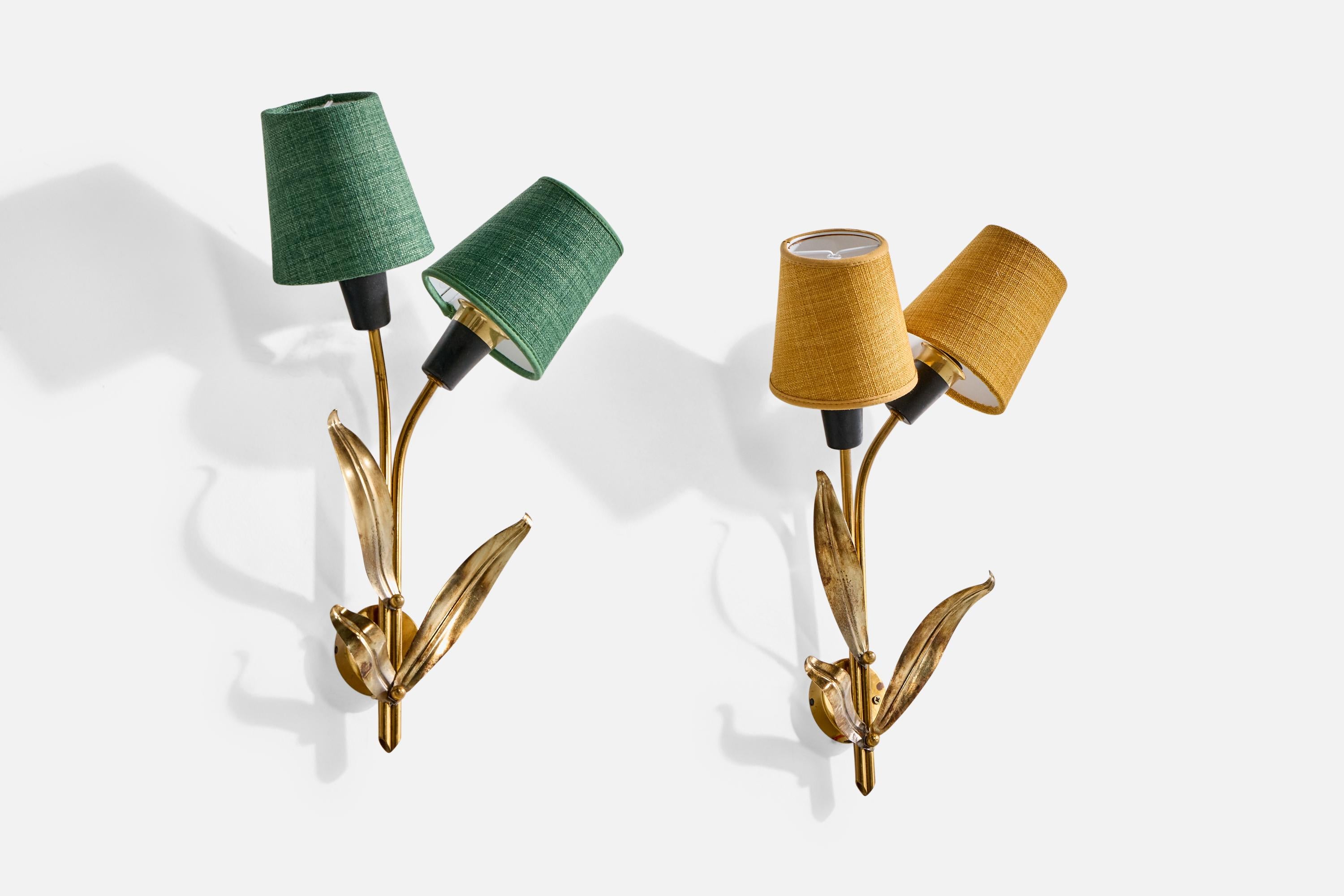 Mid-Century Modern Swedish Designer, Wall Lights, Brass, Metal, Fabric, Sweden, 1950s For Sale
