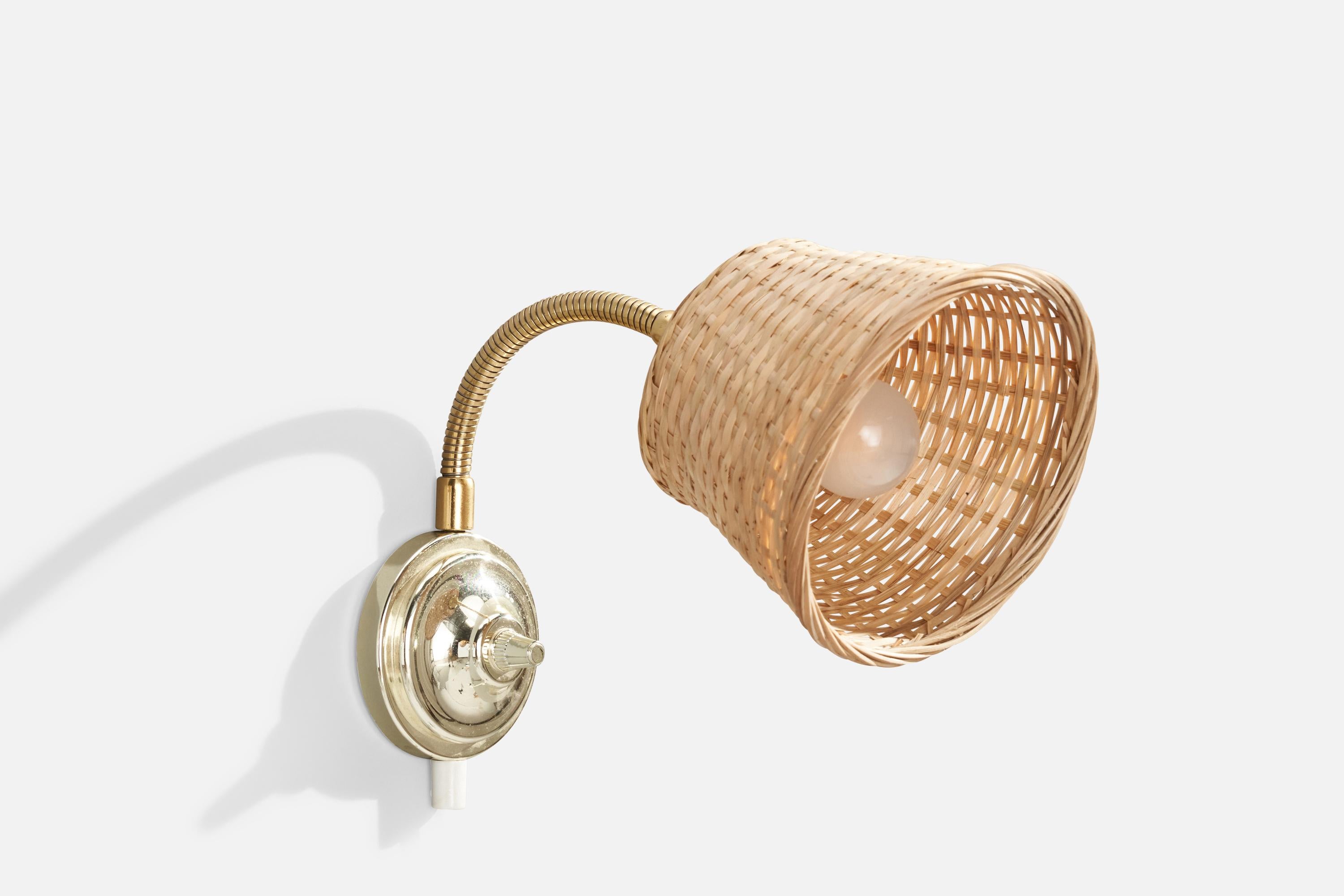 Late 20th Century Swedish Designer, Wall Lights, Brass, Metal, Rattan, Sweden, 1970s For Sale