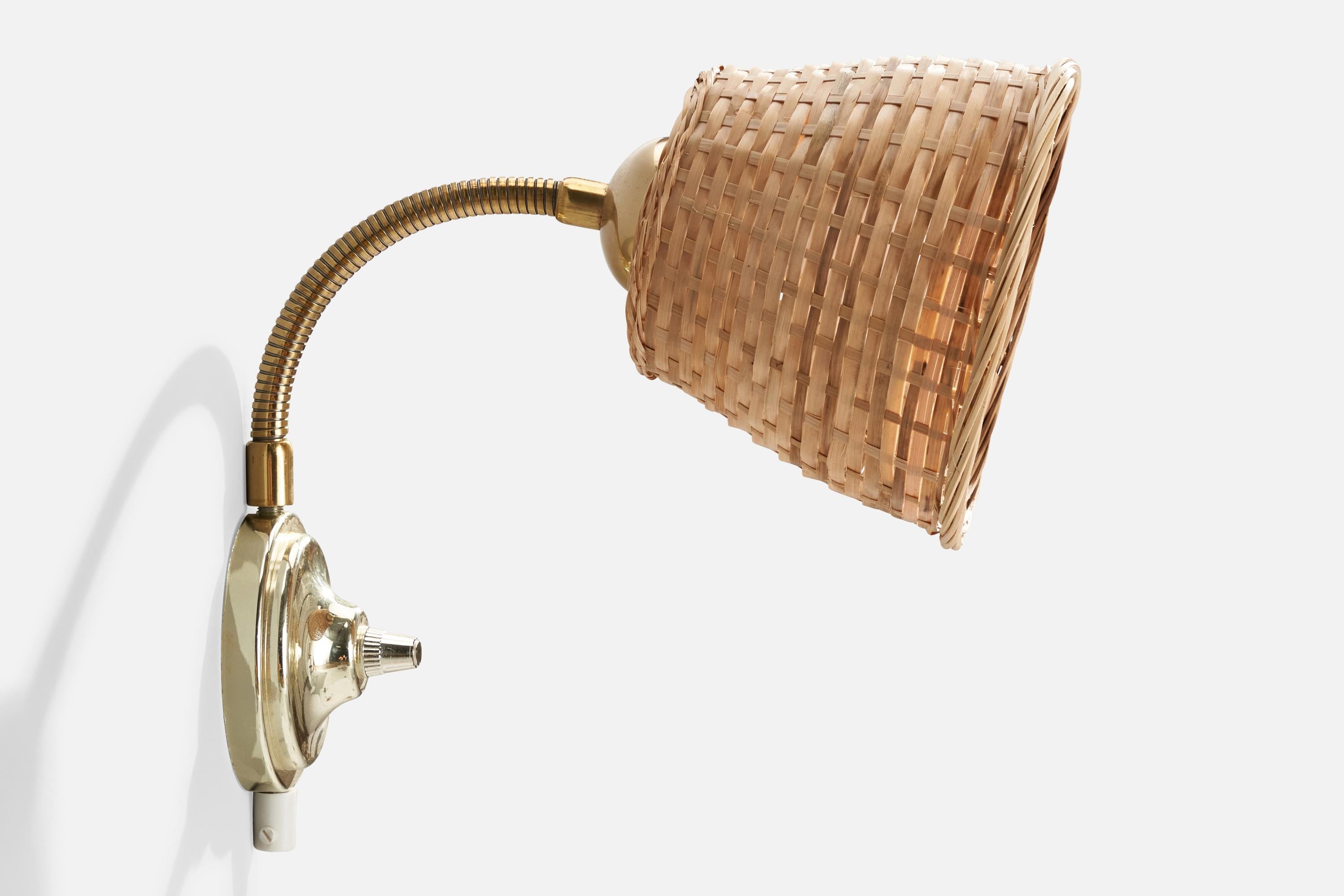 Swedish Designer, Wall Lights, Brass, Metal, Rattan, Sweden, 1970s For Sale 1