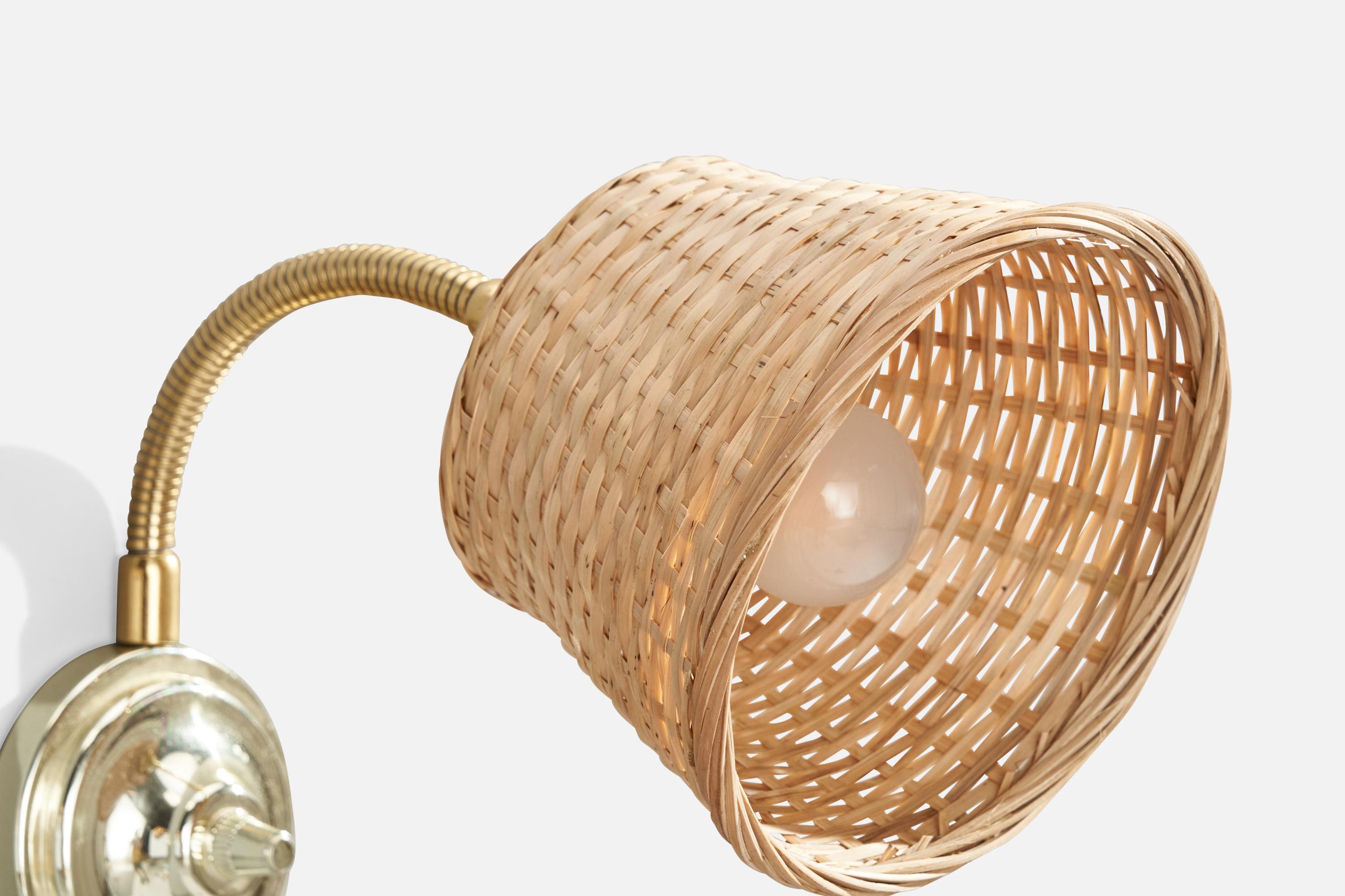 Swedish Designer, Wall Lights, Brass, Metal, Rattan, Sweden, 1970s For Sale 2