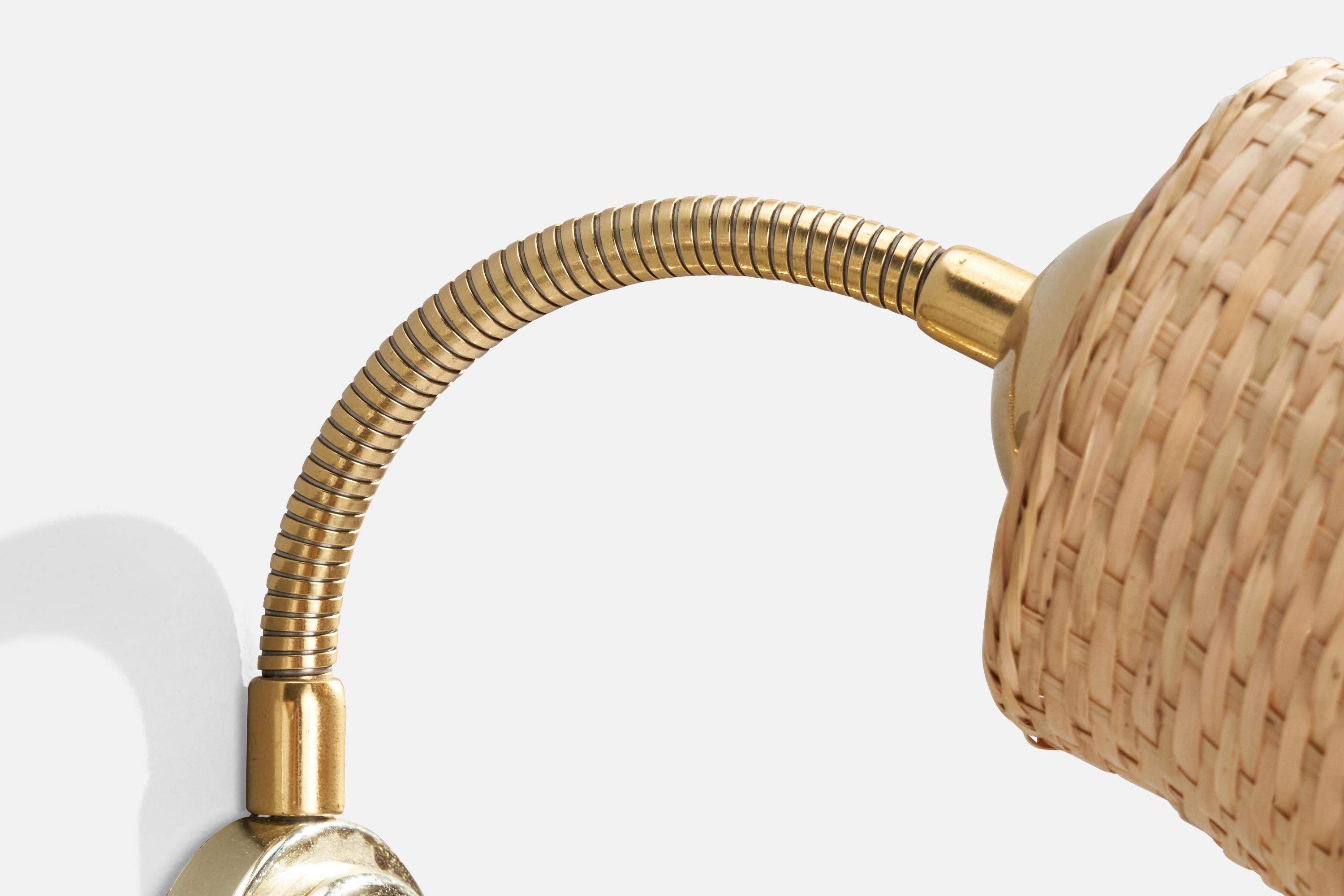Swedish Designer, Wall Lights, Brass, Metal, Rattan, Sweden, 1970s For Sale 3