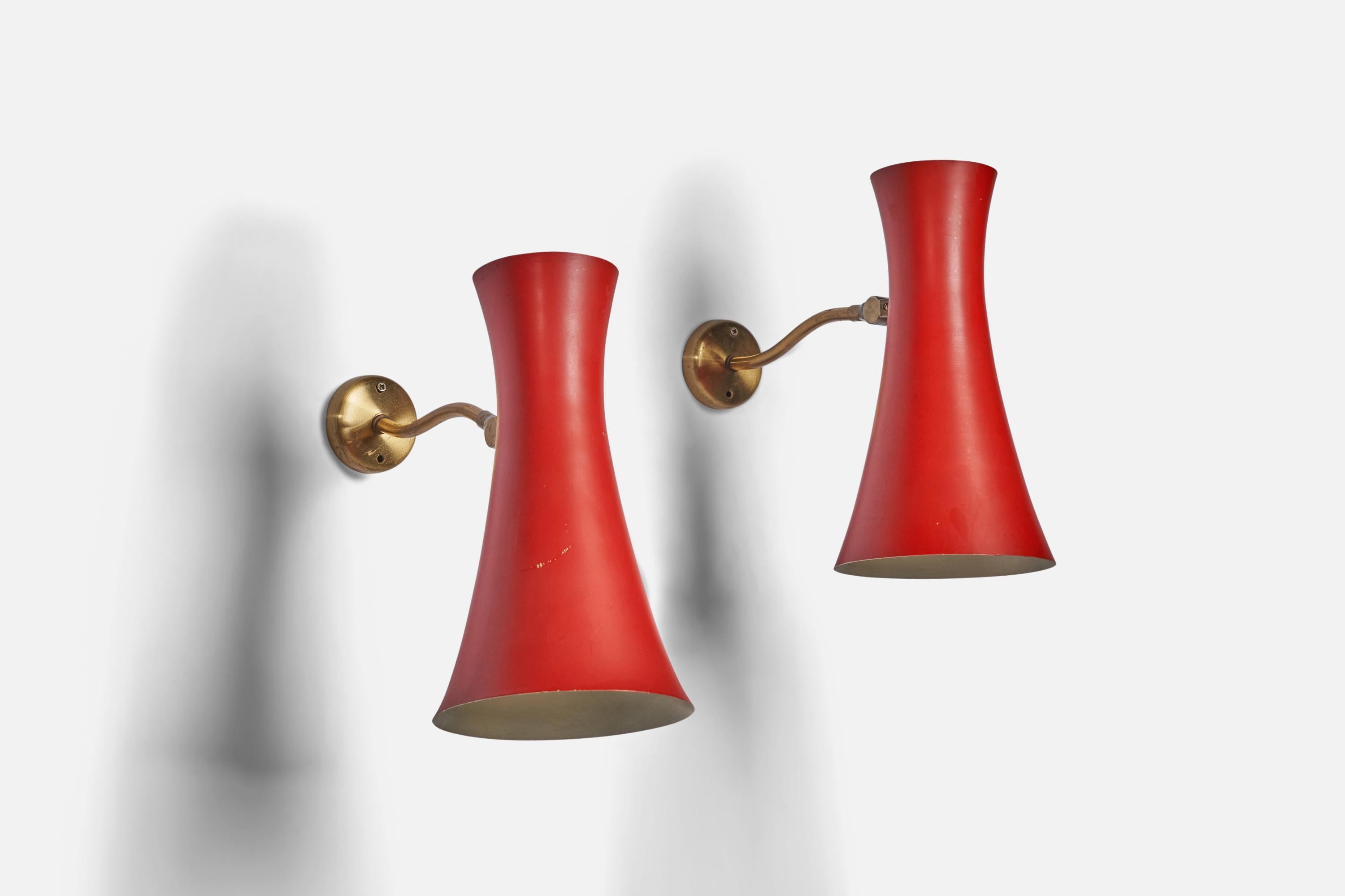 A pair of adjustable brass and red-lacquered metal wall lights designed and produced in Sweden, c. 1950s.

Overall Dimensions (inches): 10.55” H x 5.75” W x 14” D
Bulb Specifications: E-26 Bulb
Number of Sockets: 1
All lighting will be converted for