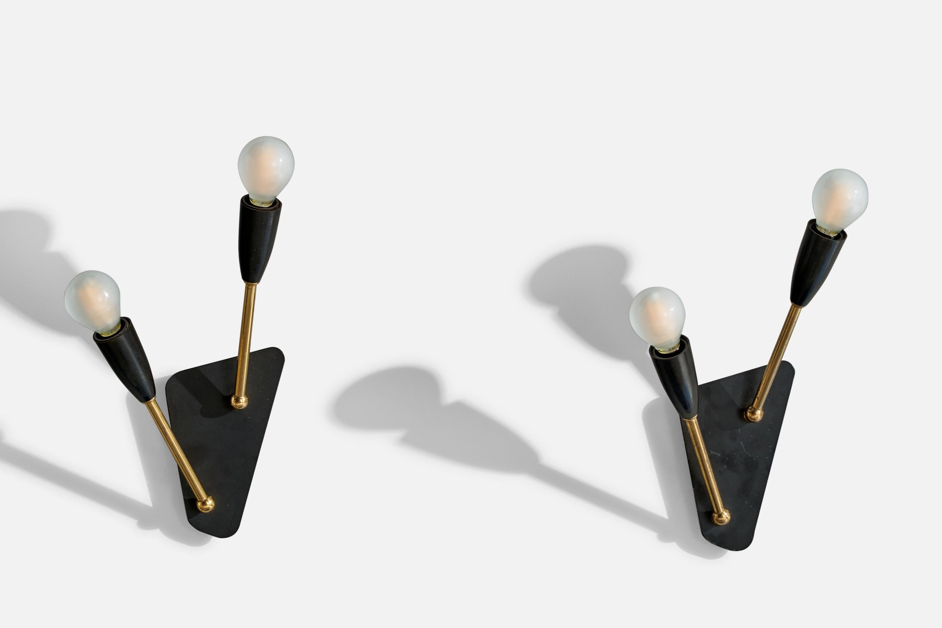 A pair of brass and black-lacquered metal wall lights designed and produced in Sweden, c. 1950s.

Overall Dimensions (inches): 11.4450