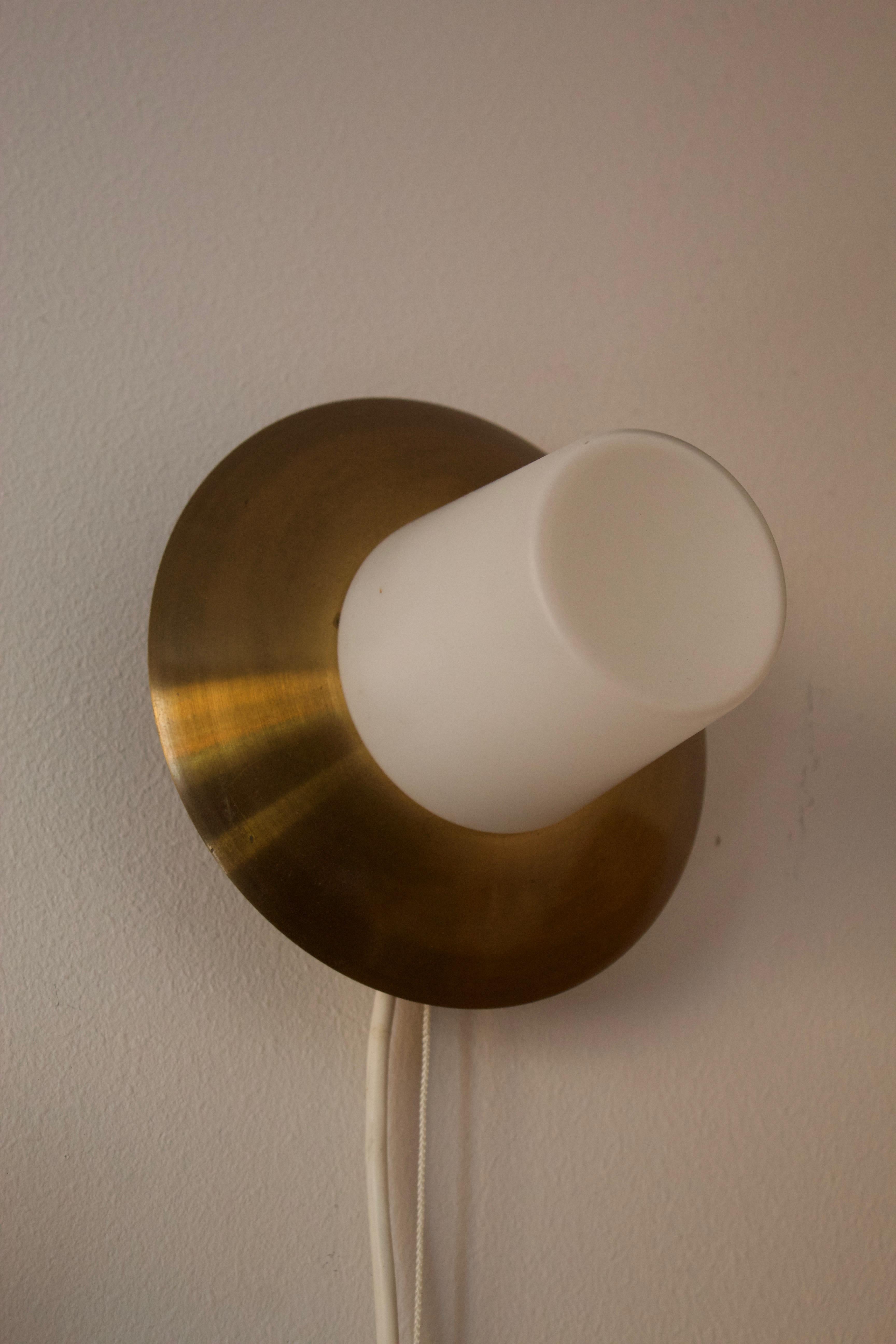 Mid-20th Century Swedish Designer, Wall Lights, Brass, Milk Glass, Sweden, 1950s