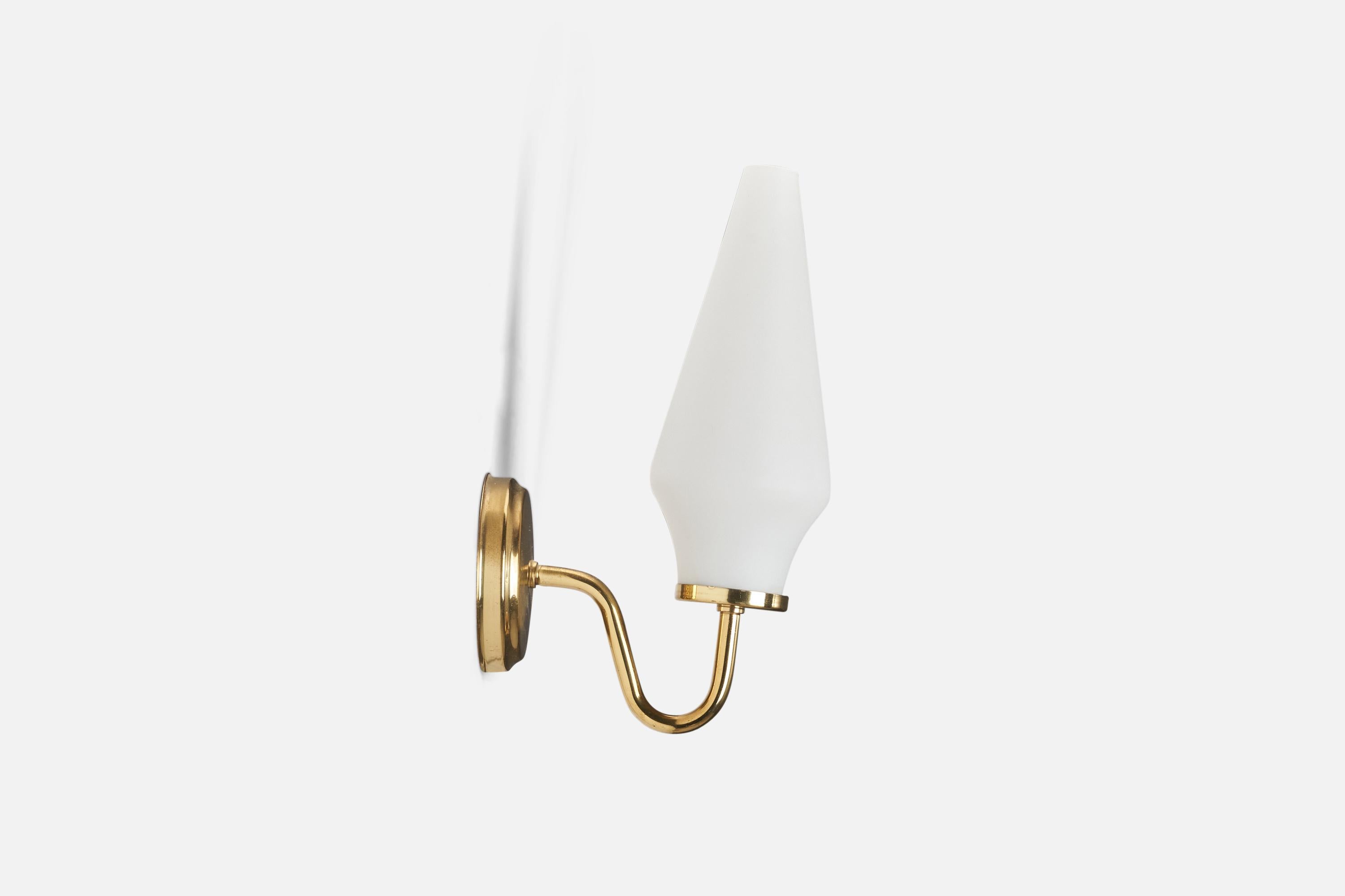 A pair of brass, milk glass wall lights designed and produced by a Swedish Designer, Sweden, 1970s.

Dimensions of Back Plate (inches) : 3.7 x 3.7 x 0.8 (Height x Width x Depth)

Sockets take E-14 bulbs.

There is no maximum wattage stated on