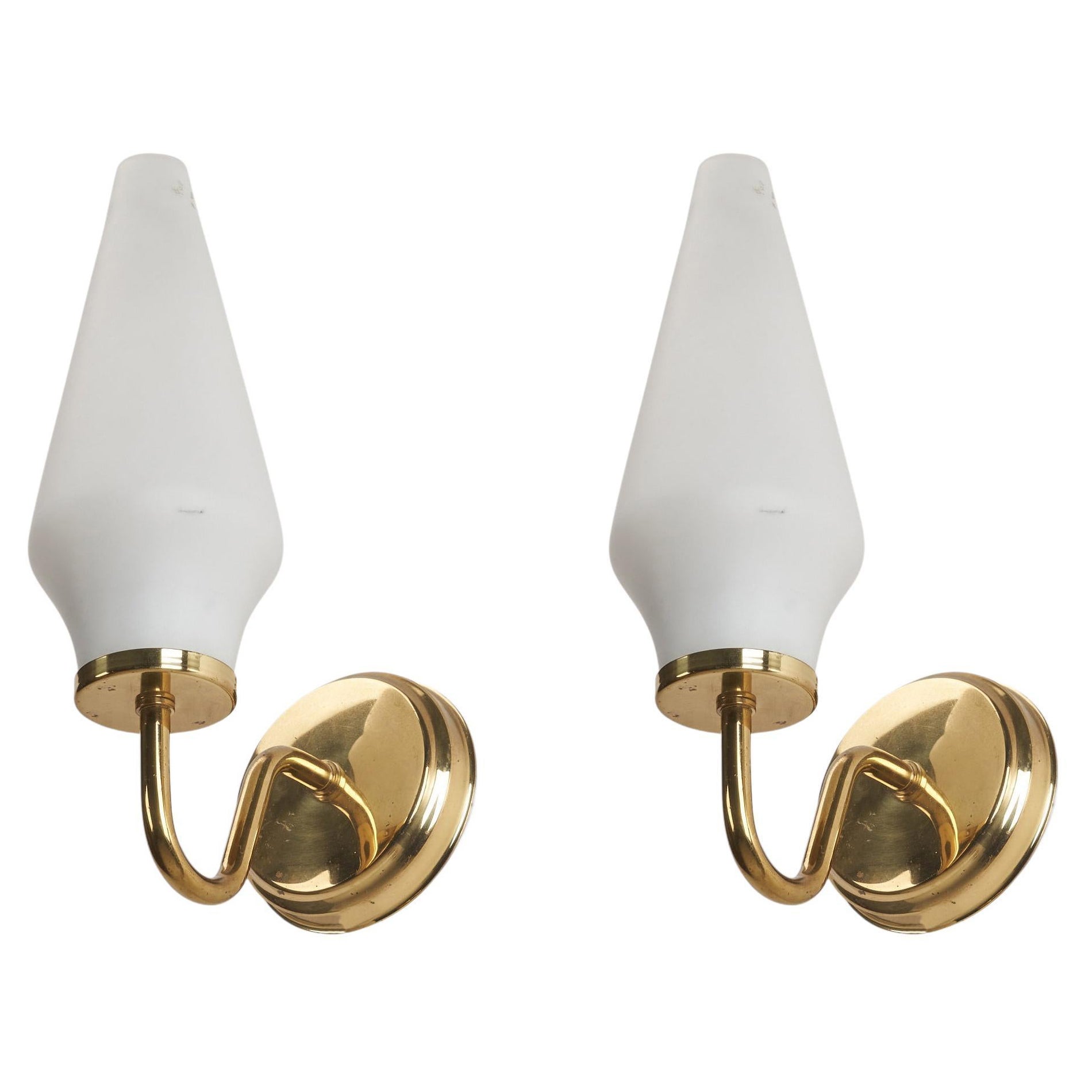 Swedish Designer, Wall Lights, Brass, Milk Glass, Sweden, 1970s For Sale