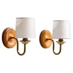 Swedish Designer, Wall Lights, Brass, Oak, Fabric, Sweden, 1960s