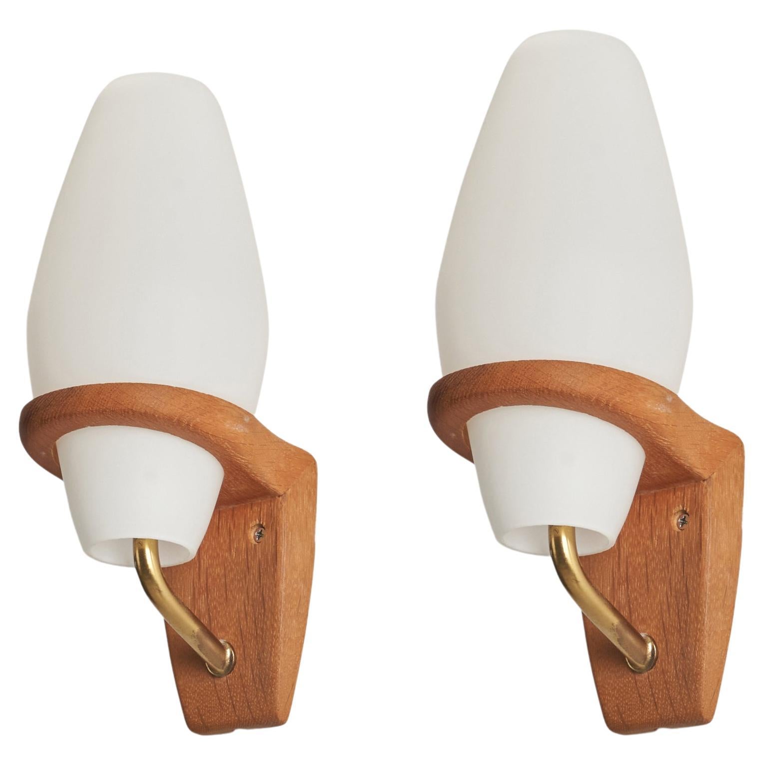 Swedish Designer, Wall Lights, Brass, Oak, Milk Glass, Sweden, 1950s For Sale