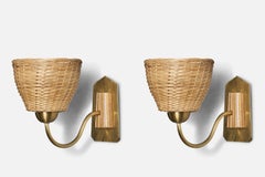 Swedish Designer, Wall Lights, Brass, Oak, Rattan, Sweden, 1970s