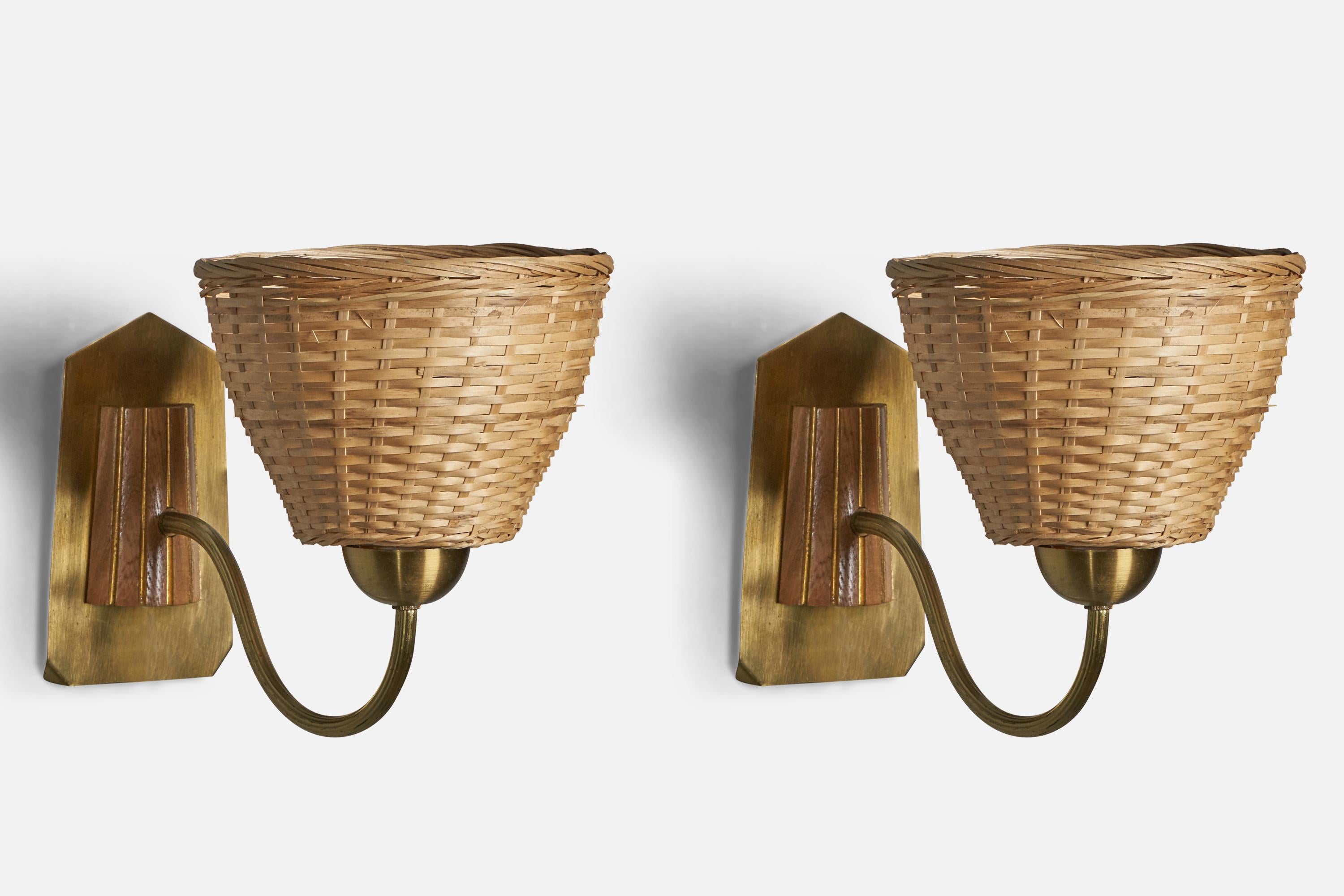 Swedish Designer, Wall Lights, Brass, Oak, Rattan, Sweden, 1970s In Good Condition For Sale In High Point, NC