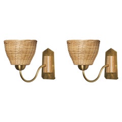 Designer svedese, lampade da parete, ottone, quercia, rattan, Svezia, anni '70