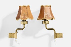 Swedish Designer, Wall Lights, Brass, Parchment, Sweden, 1950s