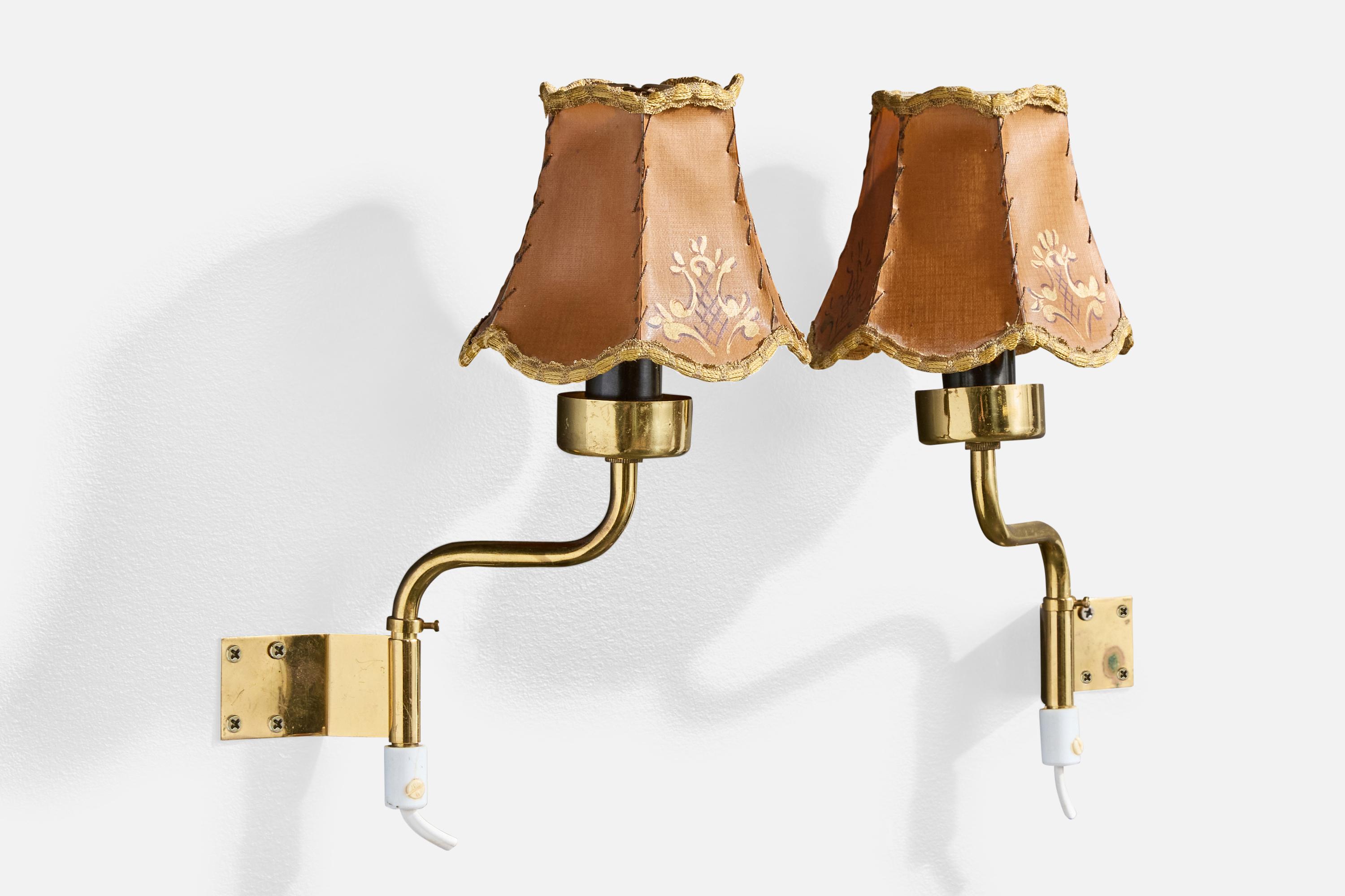 Mid-Century Modern Swedish Designer, Wall Lights, Brass, Parchment, Sweden, 1950s For Sale