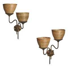 Swedish Designer, Wall Lights, Brass, Rattan, 1940s