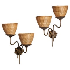 Swedish Designer, Wall Lights, Brass, Rattan, Sweden, 1940s