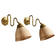 Swedish Designer, Wall Lights, Brass, Rattan, Sweden, 1940s