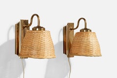 Schwedische Designerin, Wandleuchten, Messing, Rattan, Schweden, 1950er Jahre
