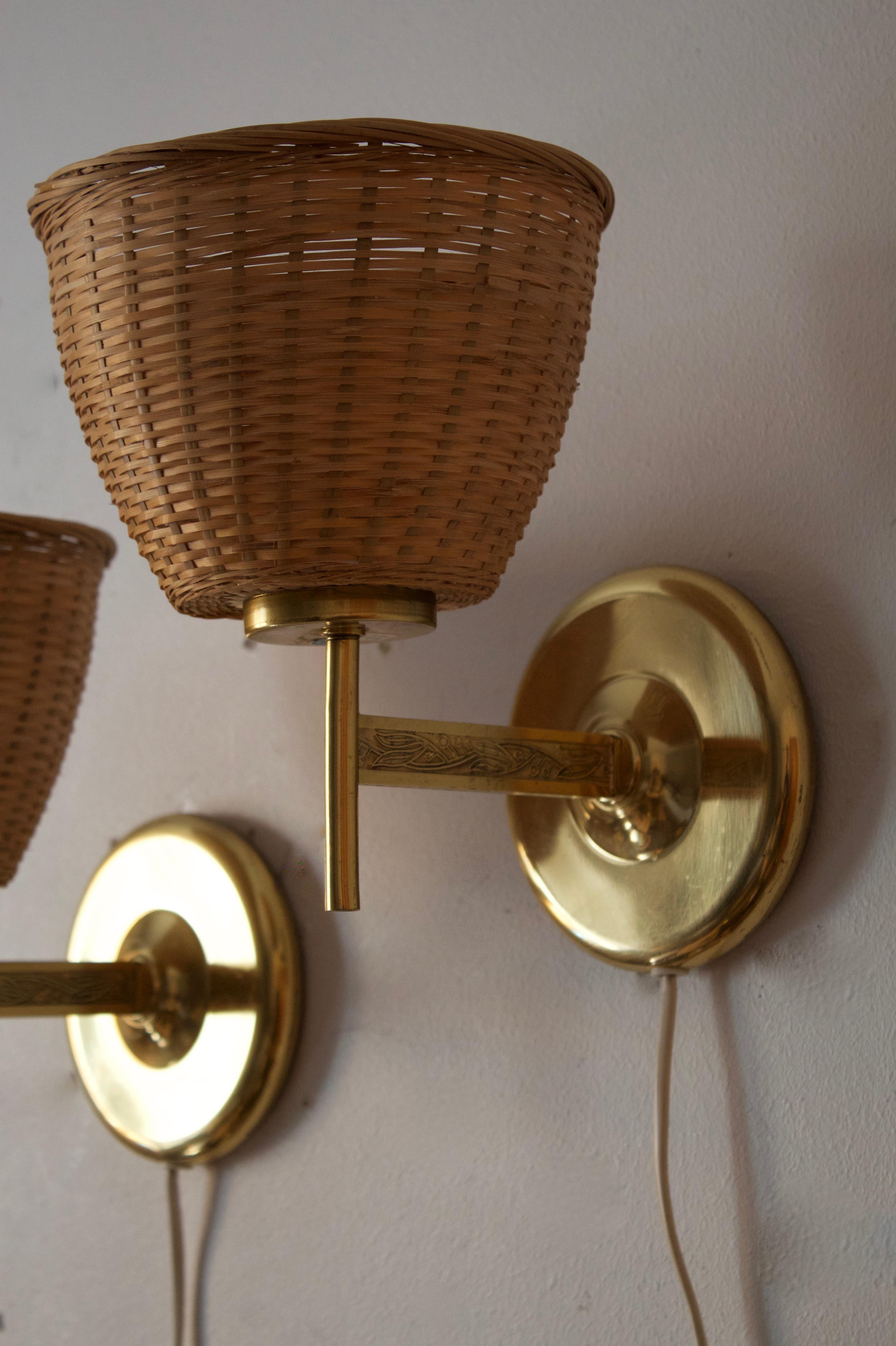 Scandinavian Modern Swedish Designer, Wall Lights, Brass, Rattan, Sweden, 1950s