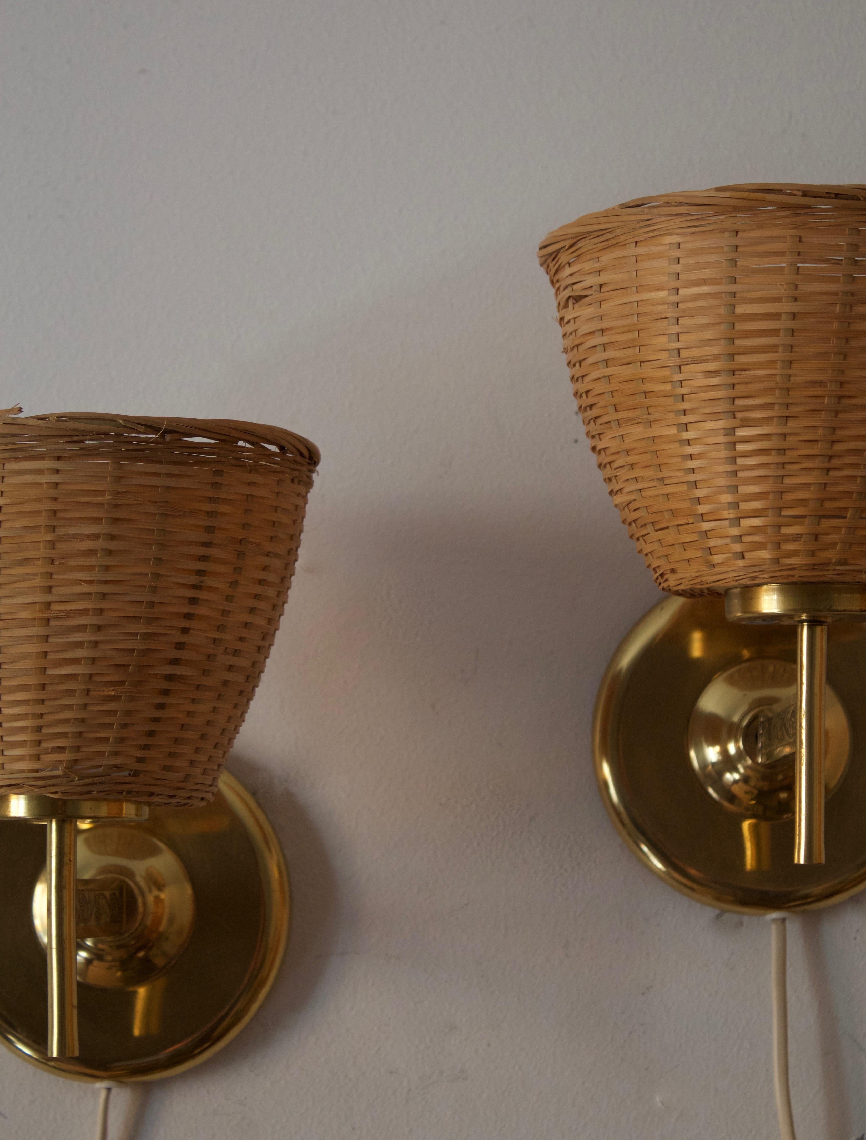 Danish Swedish Designer, Wall Lights, Brass, Rattan, Sweden, 1950s