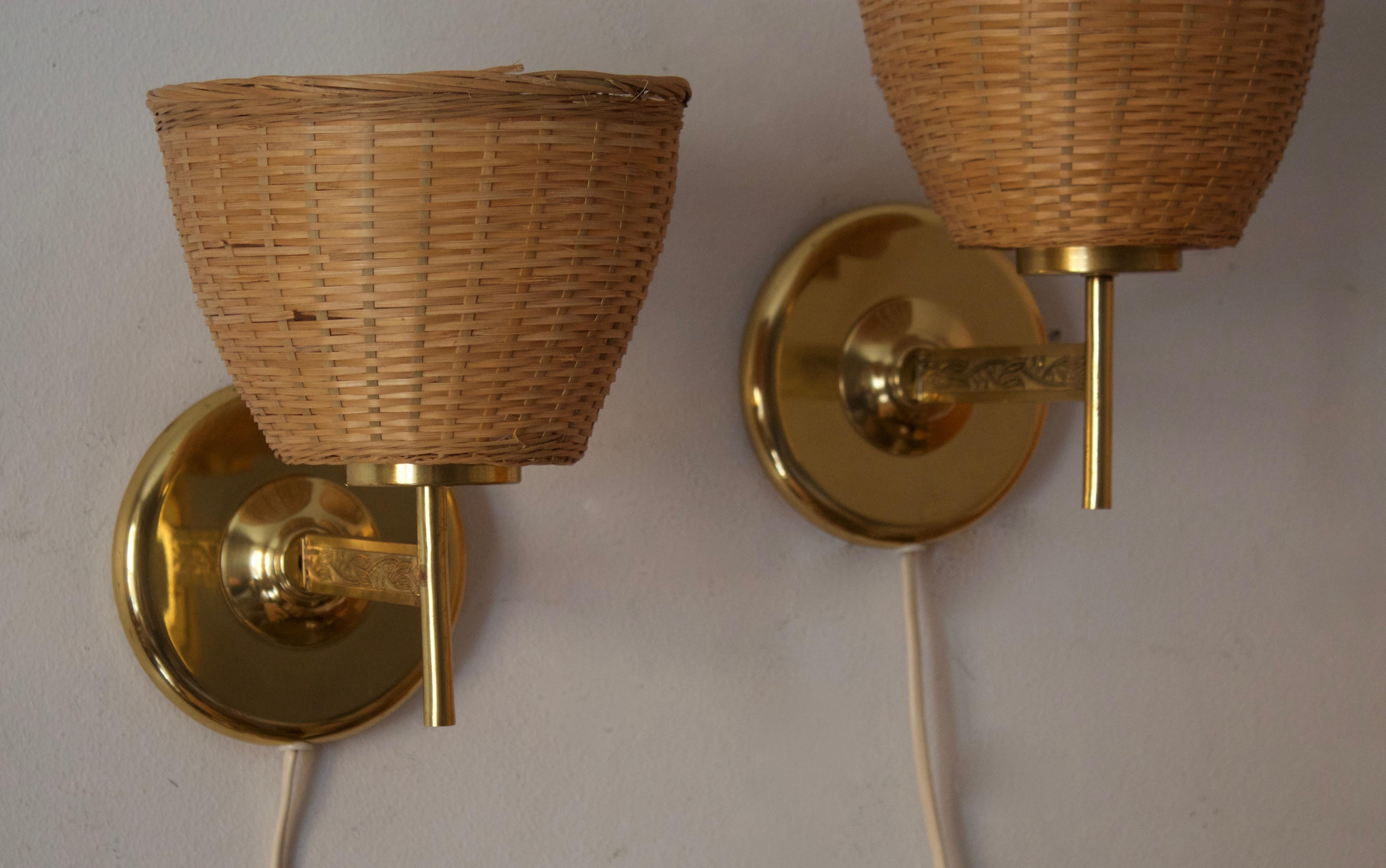 Swedish Designer, Wall Lights, Brass, Rattan, Sweden, 1950s In Good Condition In High Point, NC