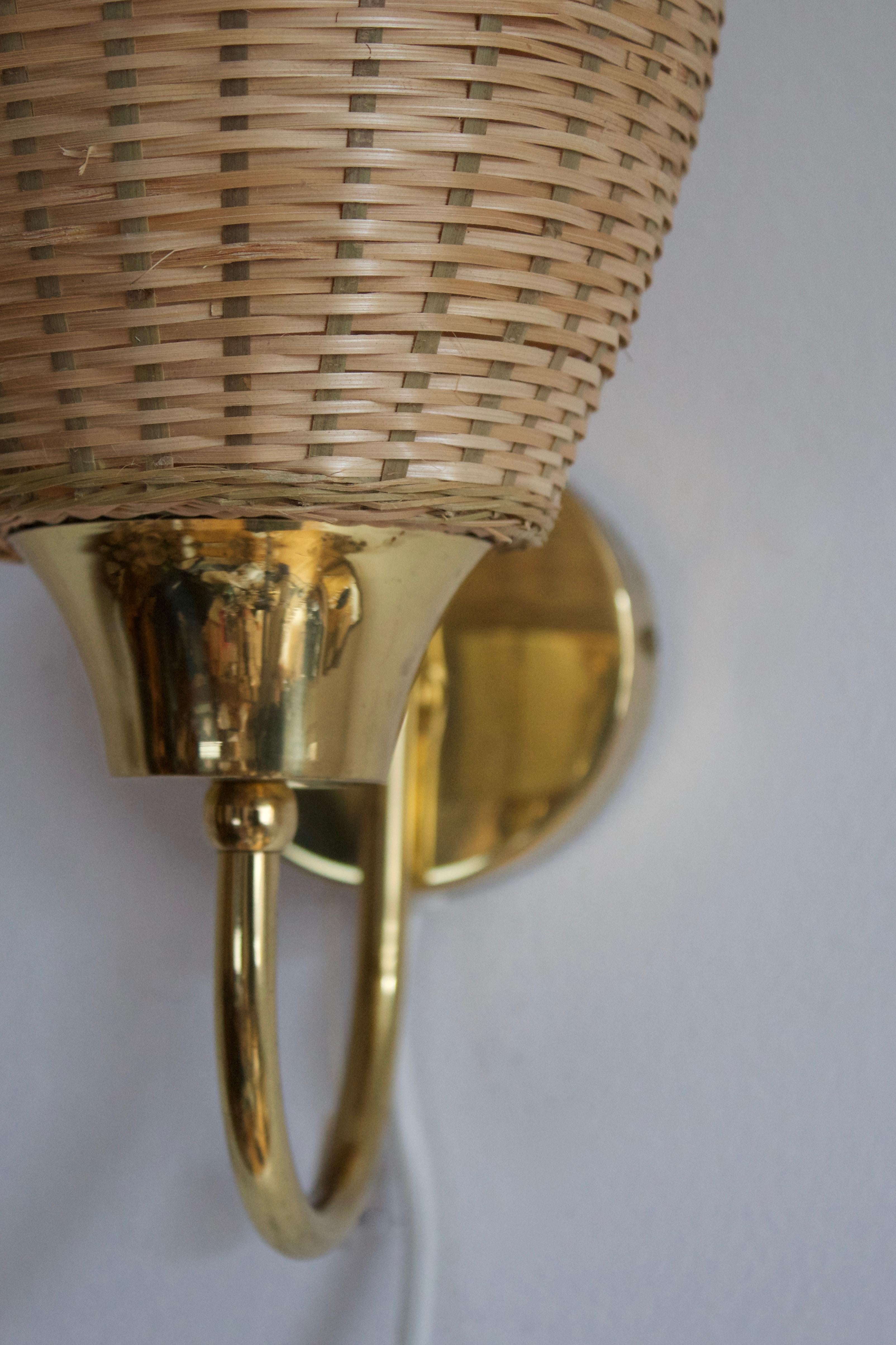 Swedish Designer, Wall Lights, Brass, Rattan, Sweden, 1950s In Good Condition In High Point, NC