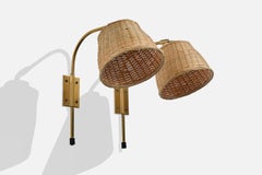 Swedish Designer, Wall Lights, Brass, Rattan, Sweden, 1950s