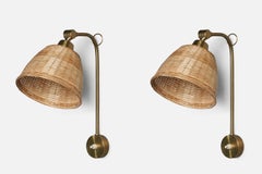Swedish Designer, Wall Lights, Brass, Rattan, Sweden, 1960s