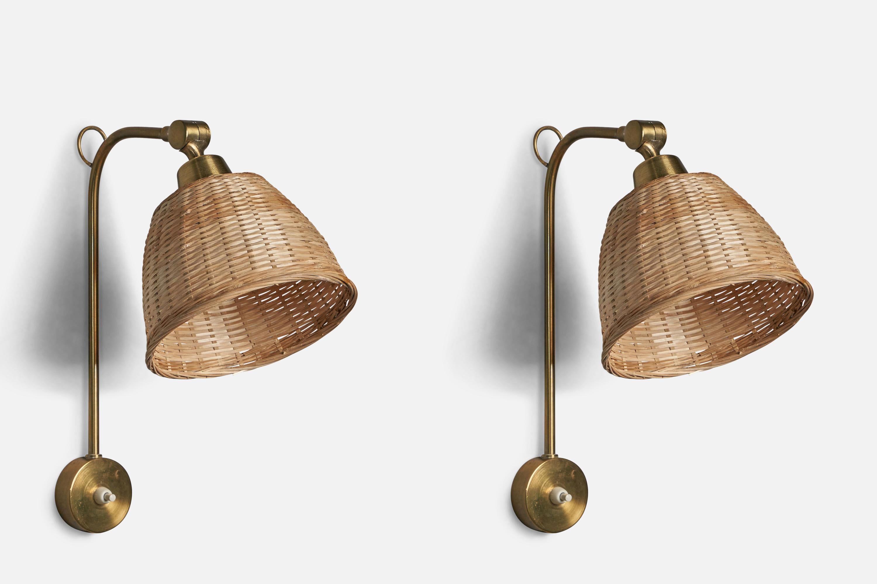 Swedish Designer, Wall Lights, Brass, Rattan, Sweden, 1960s In Good Condition For Sale In High Point, NC