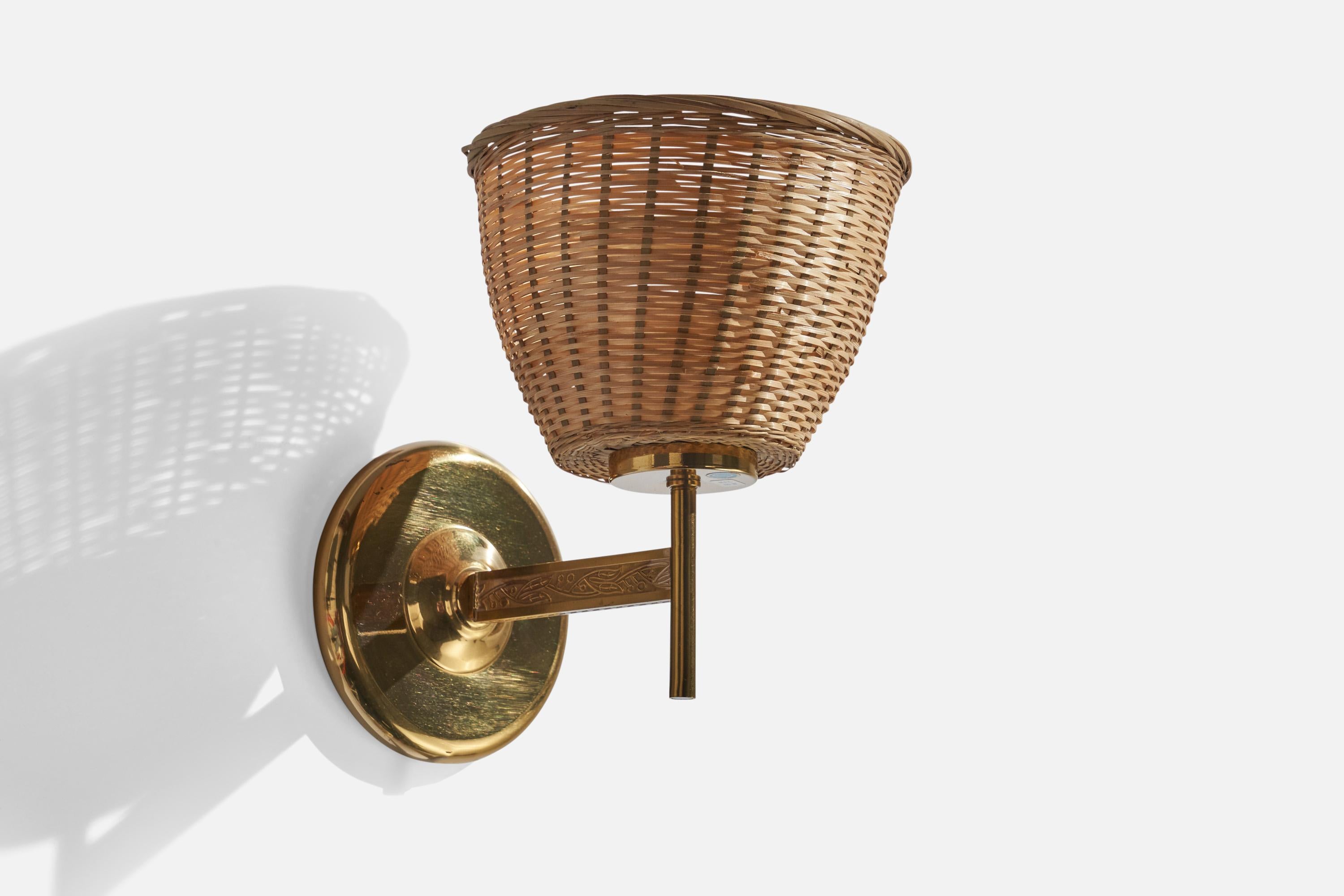 Swedish Designer, Wall Lights, Brass, Rattan, Sweden, 1960s In Good Condition In High Point, NC