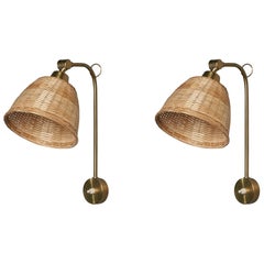Swedish Designer, Wall Lights, Brass, Rattan, Sweden, 1960s