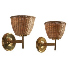 Swedish Designer, Wall Lights, Brass, Rattan, Sweden, 1960s