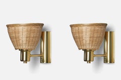 Swedish Designer, Wall Lights, Brass, Rattan, Sweden, 1970s