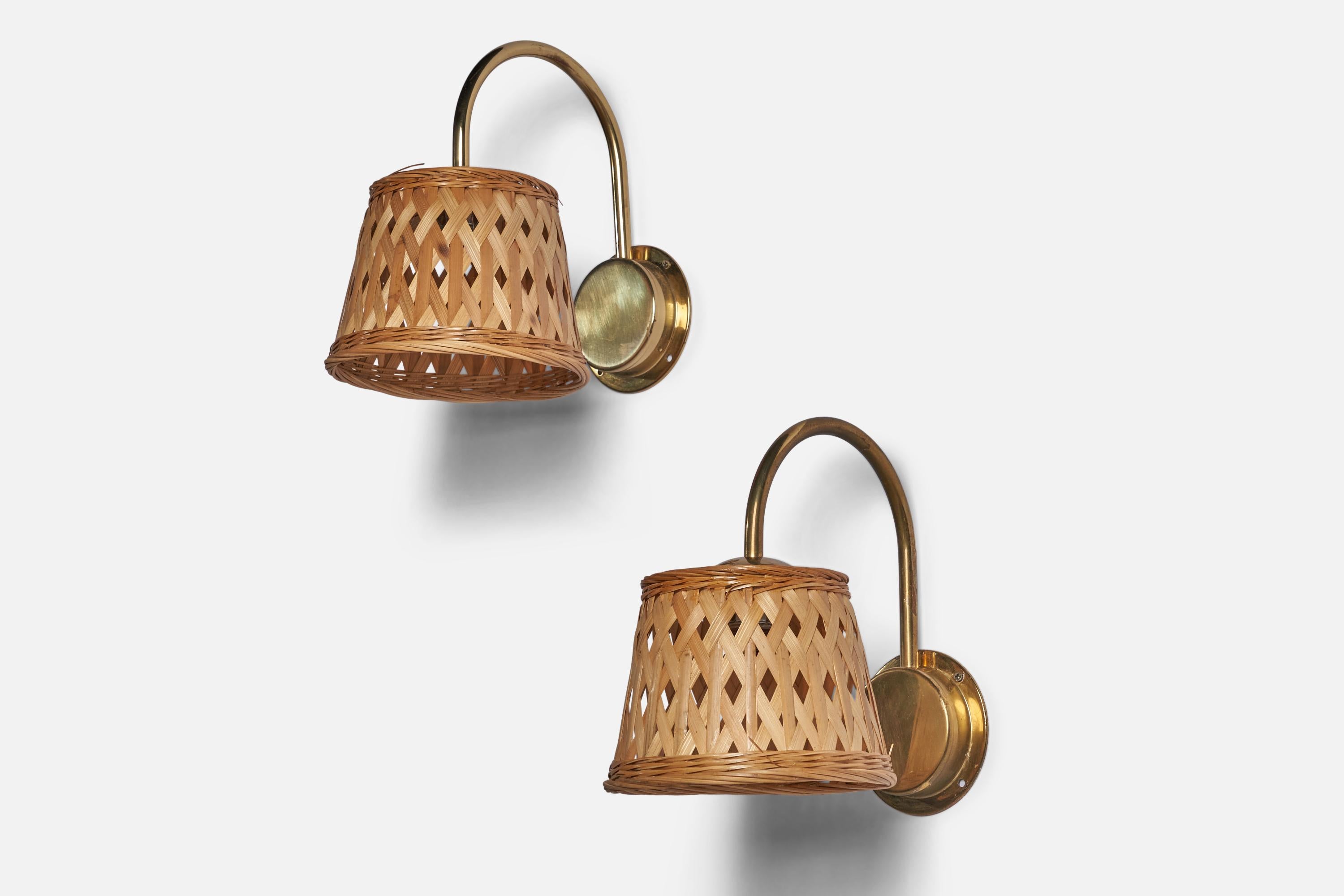 Swedish Designer, Wall Lights, Brass, Rattan, Sweden, 1970s In Good Condition For Sale In High Point, NC