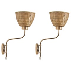 Swedish Designer, Wall Lights, Brass, Rattan, Sweden, 1970s