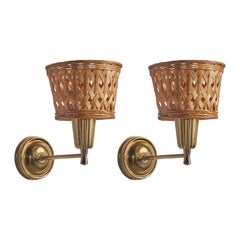 Schwedische Designerin, Wandleuchten, Messing, Rattan, Schweden, 1970er Jahre