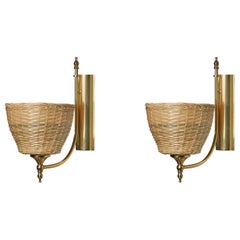 Swedish Designer, Wall Lights, Brass, Rattan, Sweden, 1970s