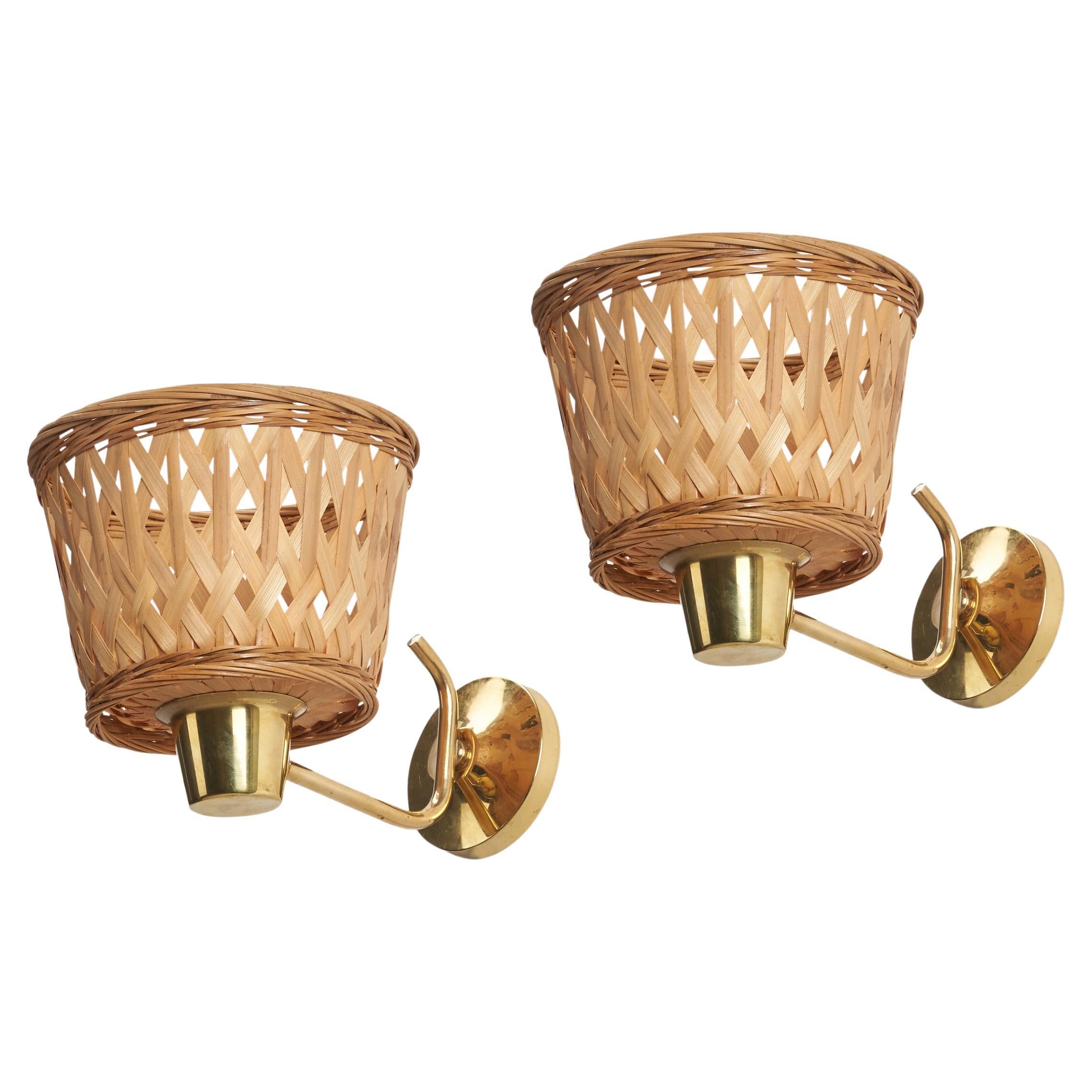 Swedish Designer, Wall Lights, Brass, Rattan, Sweden, 1970s