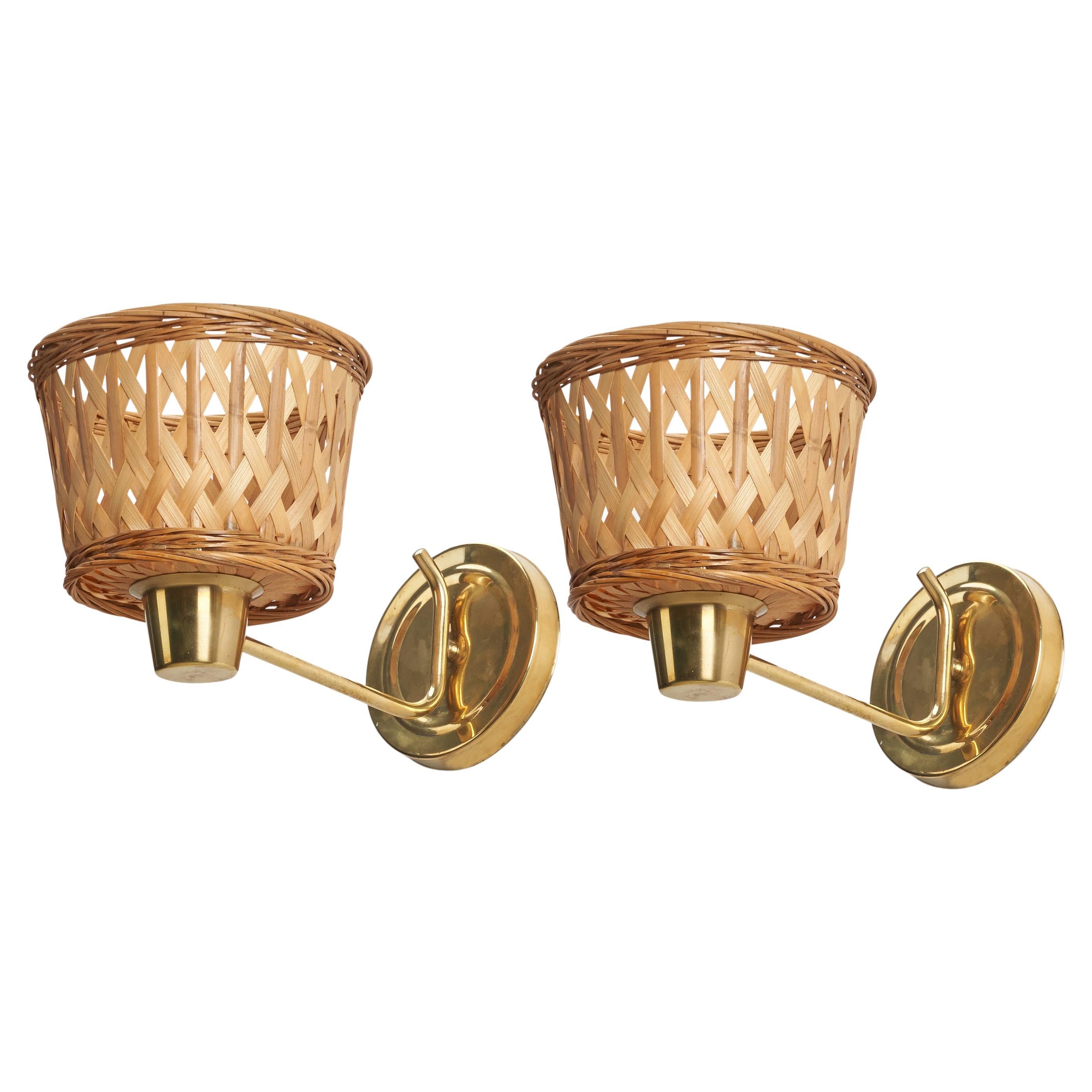 Swedish Designer, Wall Lights, Brass, Rattan, Sweden, 1970s For Sale