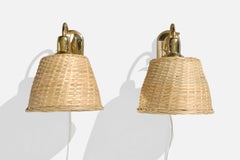 Swedish Designer, Wall Lights, Brass, Rattan, Sweden, 1990s