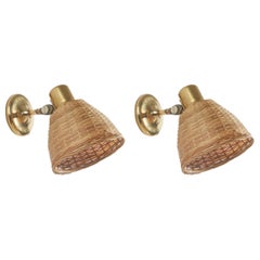 Swedish Designer, Wall Lights, Brass, Rattan, Sweden, c. 1970s