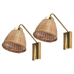 Swedish Designer, Wall Lights, Brass, Rattan, Sweden, circa 1970s